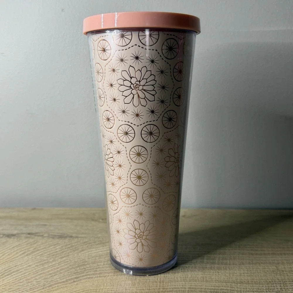 Starbucks Tumbler 24‎ oz Venti Cold Cup Pink Gold Floral Succulent Geometric Lid